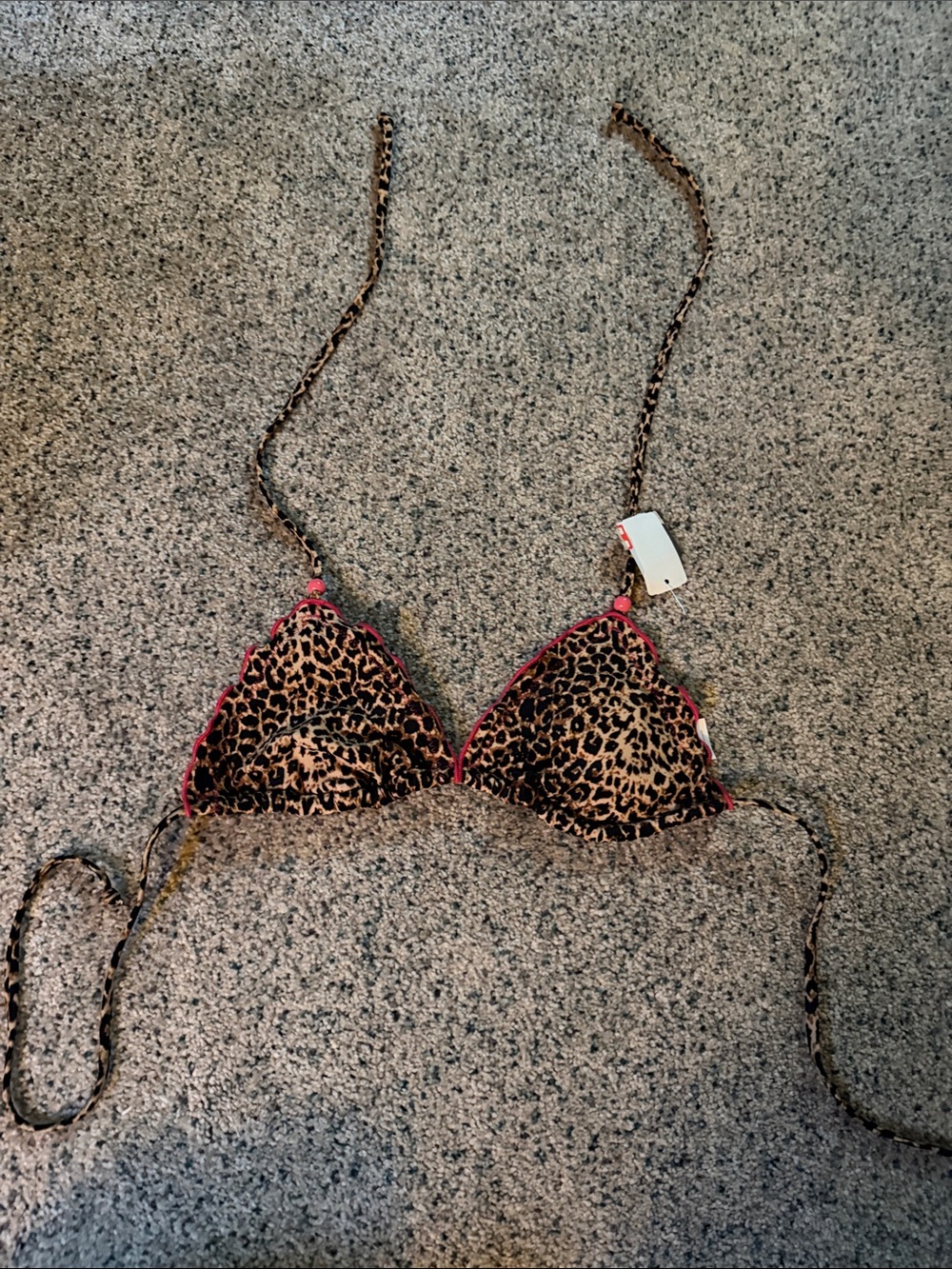 Leopard Print Triangle Bikini Top with Pink Trim